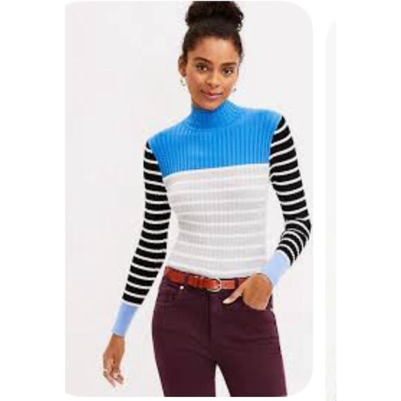 LOFT Ann Taylor Ribbed Mock Turtleneck Sweater Striped Size XS Color Block Blue - Picture 1 of 4